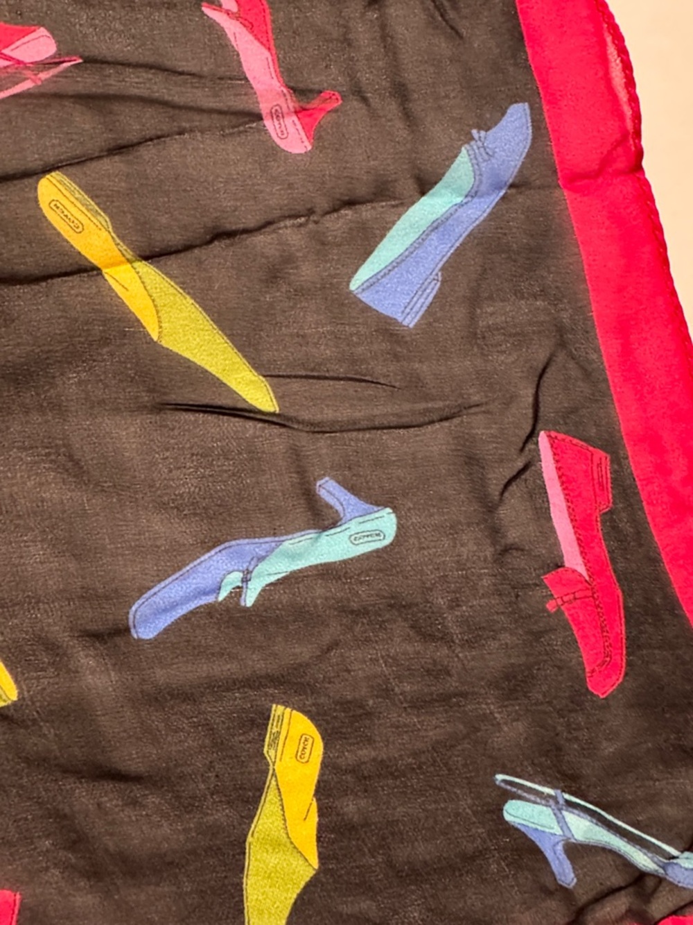 COACH Vintage 100% Silk Black Scarf Bright Shoe Motif Red Border Made in Japan - Picture 9 of 10